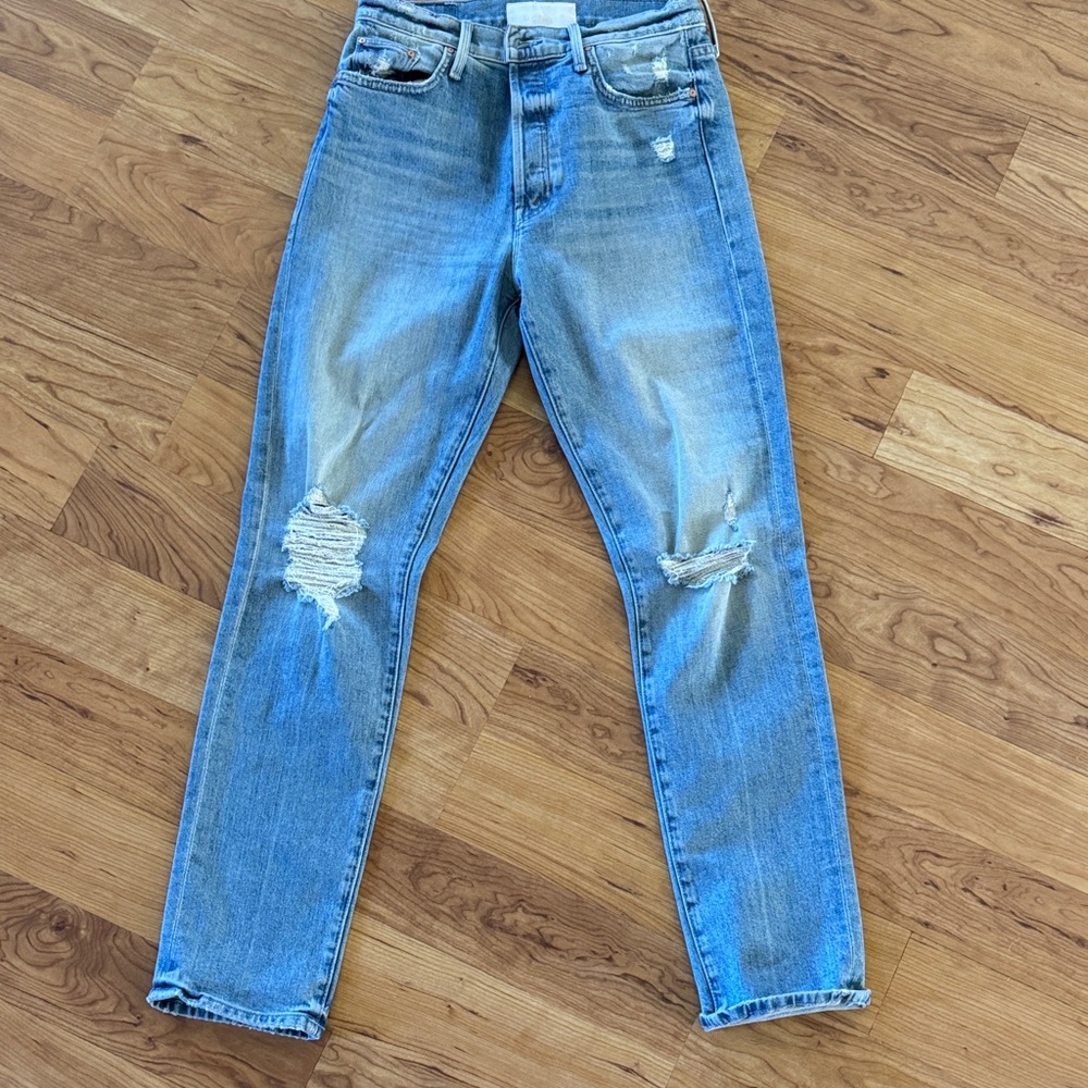 MOTHER Light Blue Distressed Straight Leg Jeans